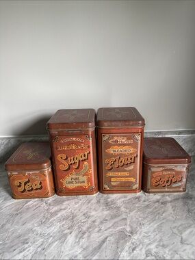 Rustic Farmhouse Canister Set 4pc Tea Coffee Sugar Flour Vintage Look Kitchen